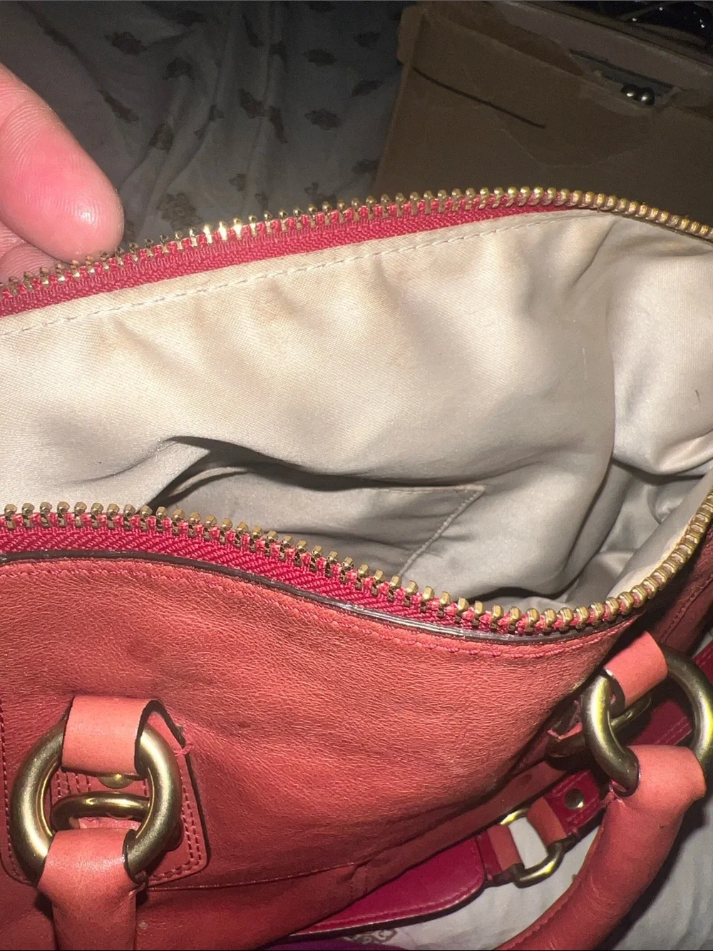 Coach Coral-Red Leather Satchel with Gold Accents